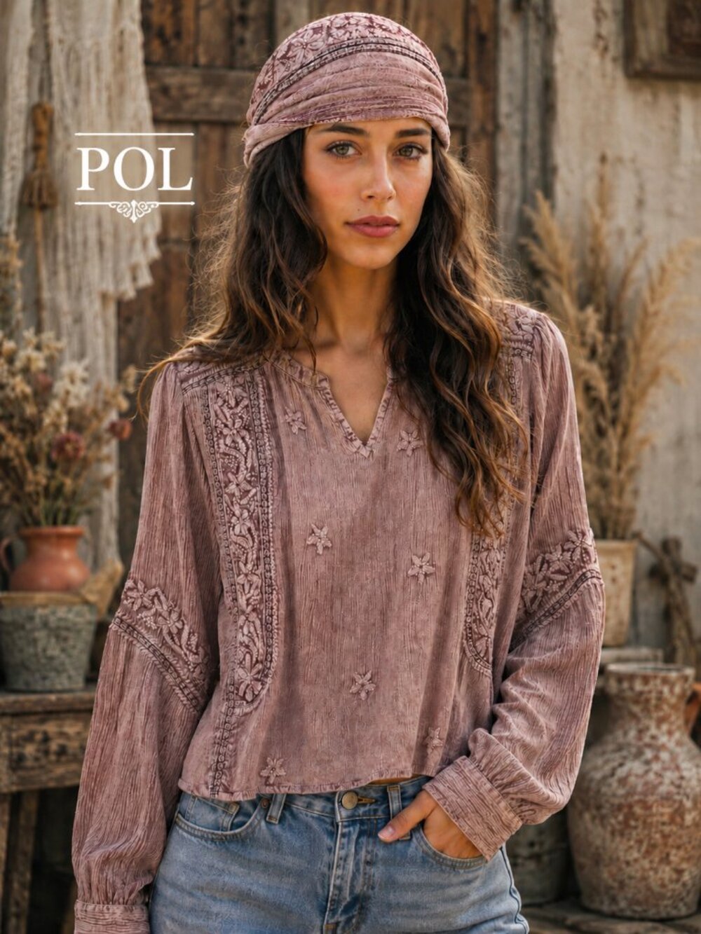 POL Hippie Bohemian Soft Free Flowing Feminine Embroidered Long Sleeve Dyed Top